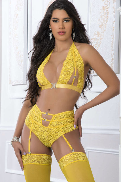 3pc High Waist Garter Laced Panty & Halter Top Set With Stockings in yellow color