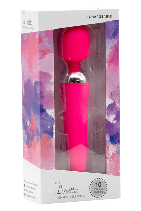 The product image shows a pink rechargeable personal massager named 'The Loretta Wand' in its packaging. The packaging is predominantly white with splashes of pink and purple, highlighting the product's color and features.