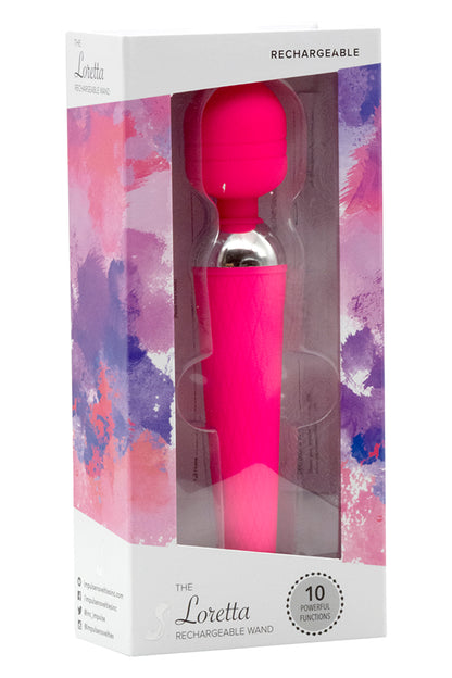 The product image shows a pink rechargeable personal massager named 'The Loretta Wand' in its packaging. The packaging is predominantly white with splashes of pink and purple, highlighting the product's color and features.