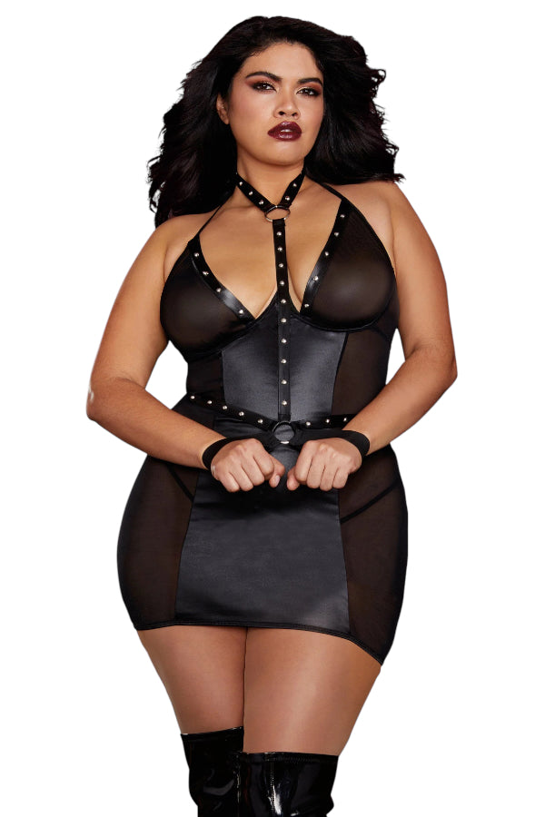 Studded Leather-look Chemise with Mesh and Harness - Black