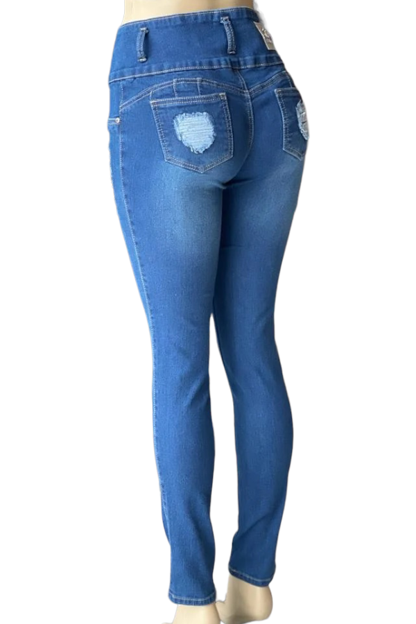 Back of Distressed Mid Rise Jeans in Blue