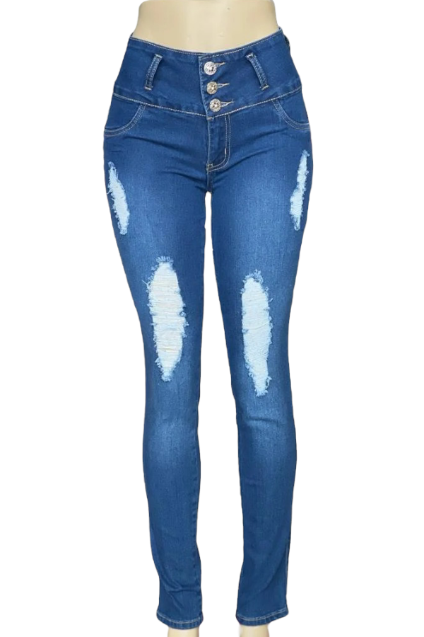 Distressed Mid Rise Jeans in Blue
