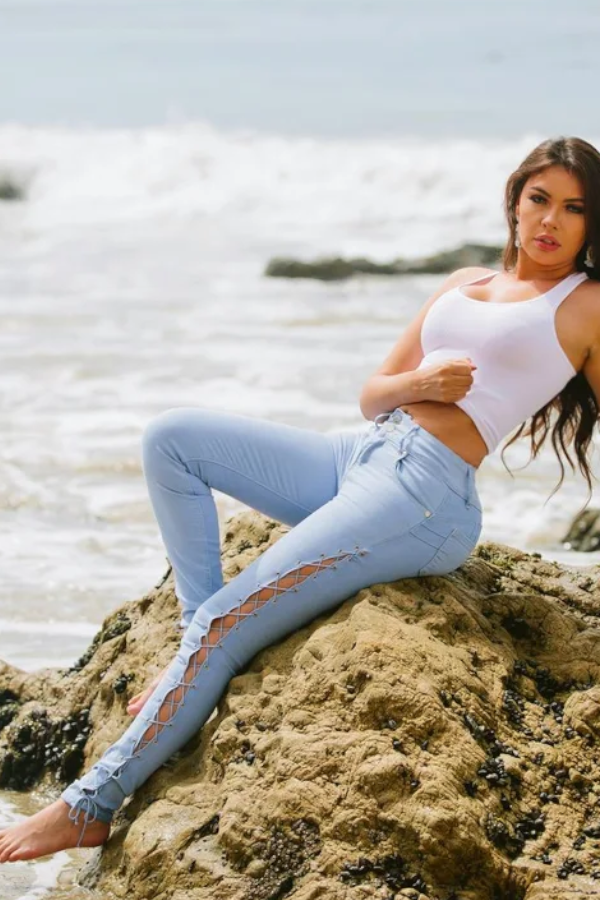 Side Lace Up Jeans in Light Blue on model