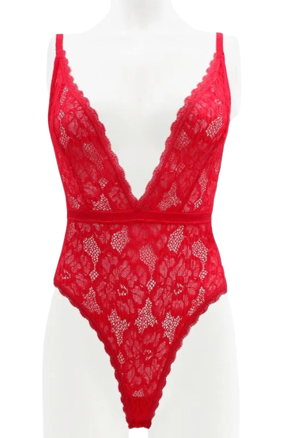 Risky Deep Plunge Lace Teddy - Red