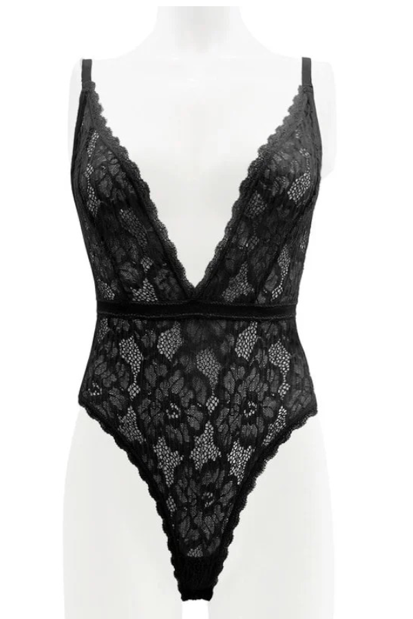 Risky Deep Plunge Lace Teddy - Black