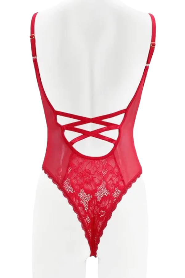 Risky Deep Plunge Lace Teddy - Red - Back view