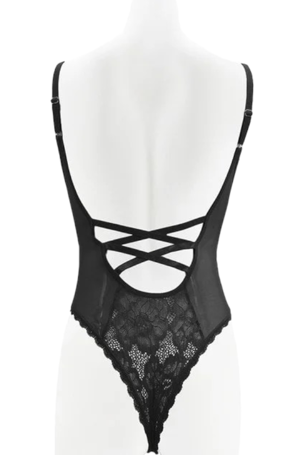 Risky Deep Plunge Lace Teddy - Black - Back view