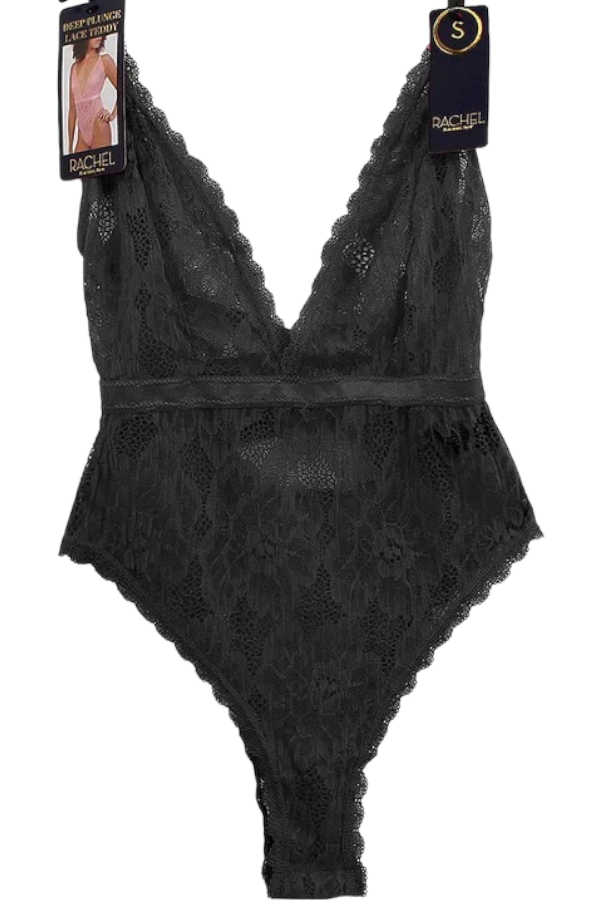 Risky Deep Plunge Lace Teddy - Black