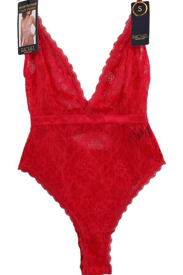 Risky Deep Plunge Lace Teddy - Red