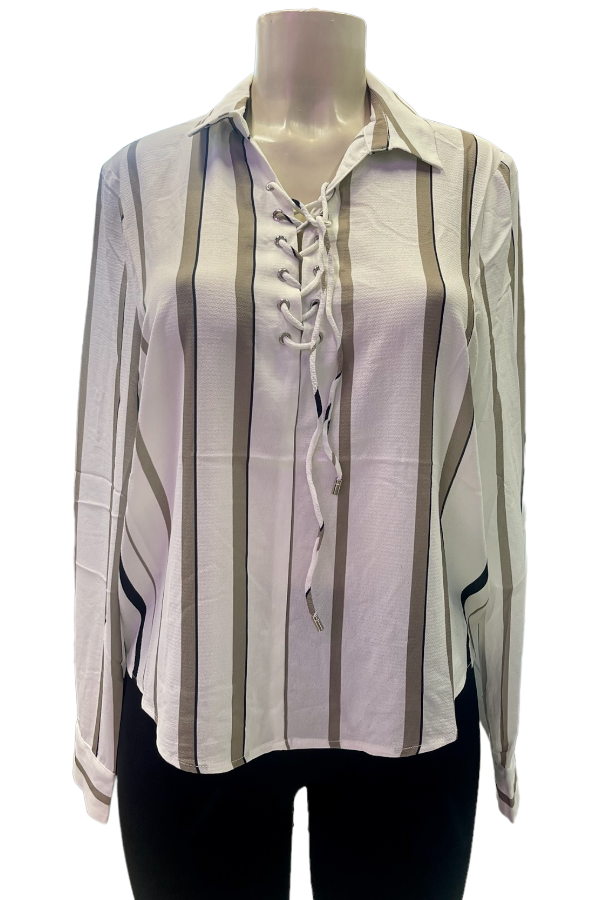 Striped Lace Up Blouse - White