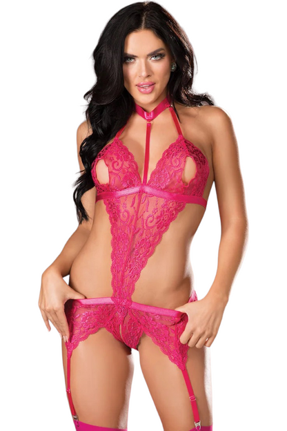 hot pink Peek a Boo Teddy on model