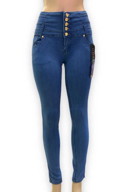 Belted High Rise Jeans With No Back Pockets in Blue