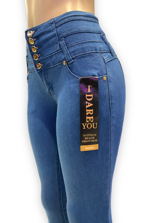 Close up of Belted High Rise Jeans With No Back Pockets in Blue