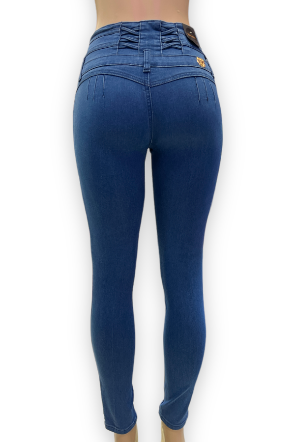 Back of Belted High Rise Jeans With No Back Pockets in Blue