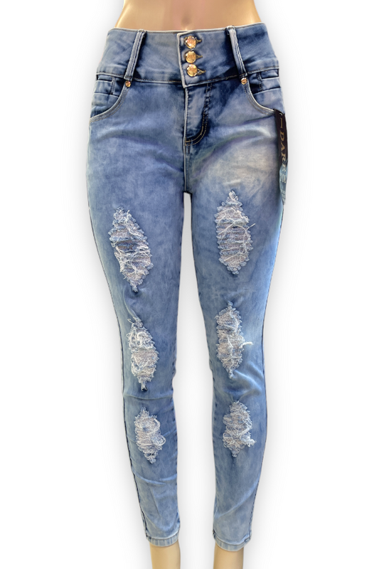 Dreamy Skies Curvy Distressed Jeans in blue color