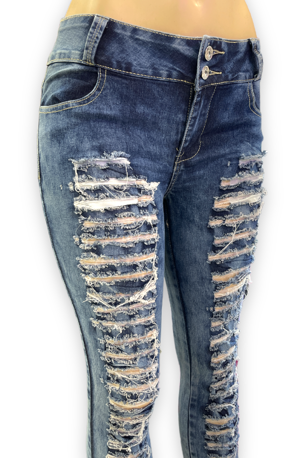 Close up of All Torn Up Distressed Jeans in Blue