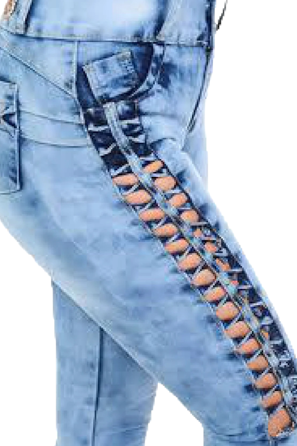 Close up of Side Ladder Cut Out Jeans in Light Blue Color