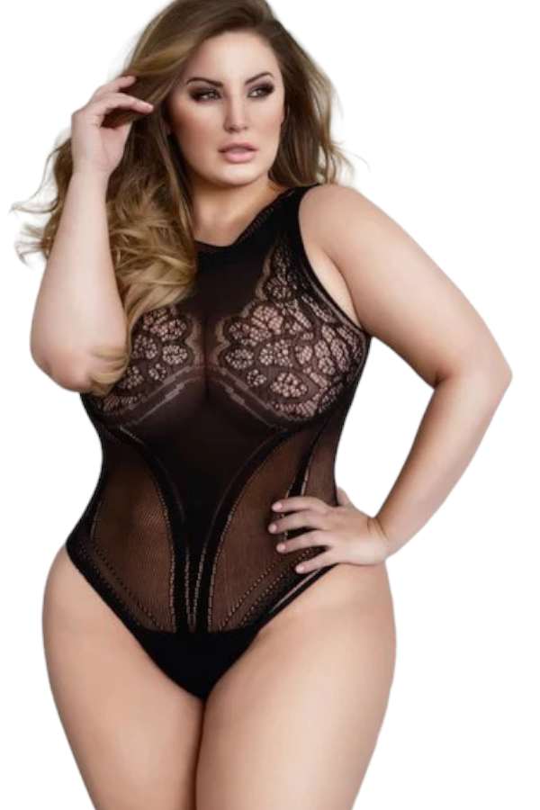 plus size Intricate Lace Corset Back Teddy on model