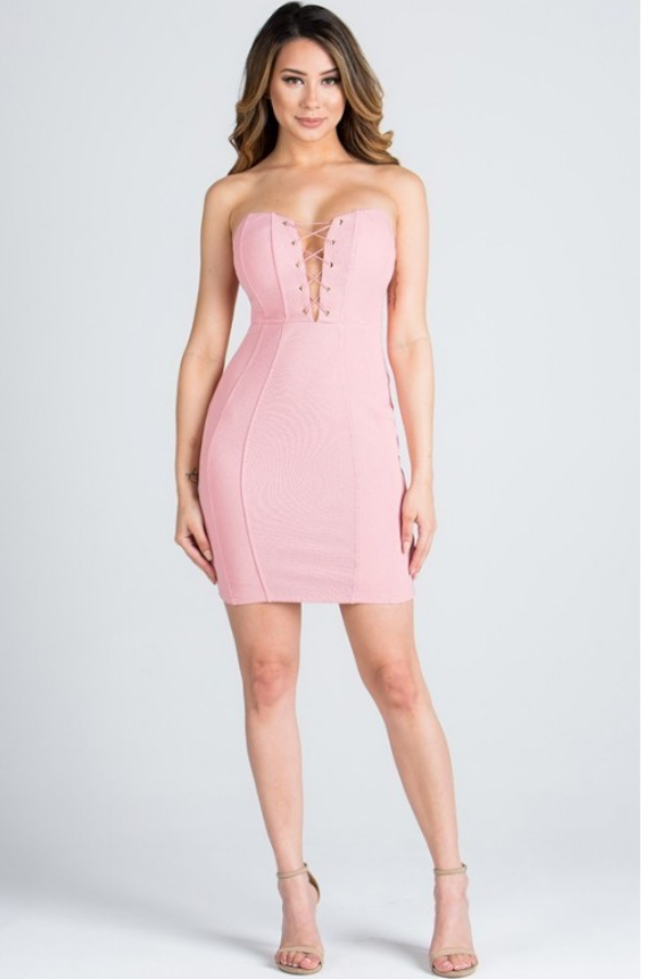 Strapless Lace Up Bodycon Dress - Pink