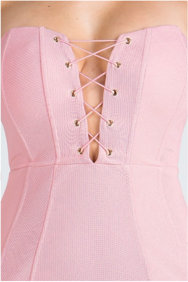 Strapless Lace Up Bodycon Dress - Pink - Close Up
