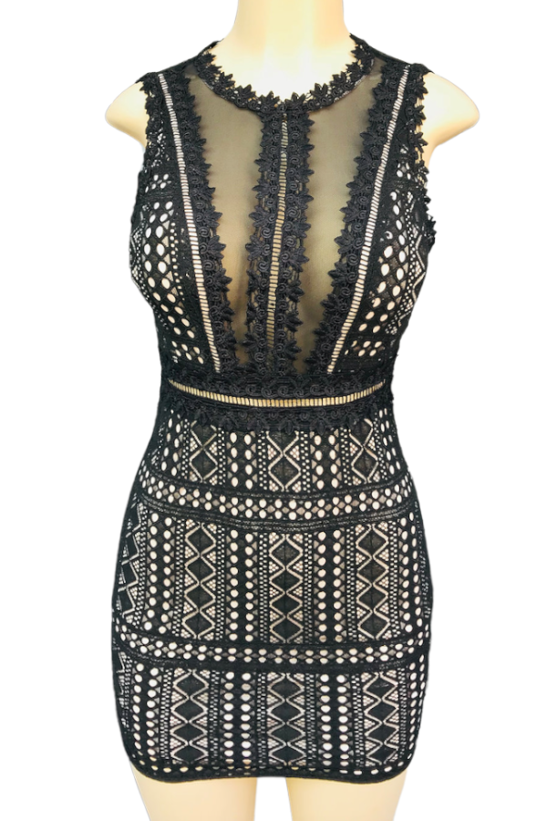 Highneck Sleeveless Crotchet Lace Dress in Black Color
