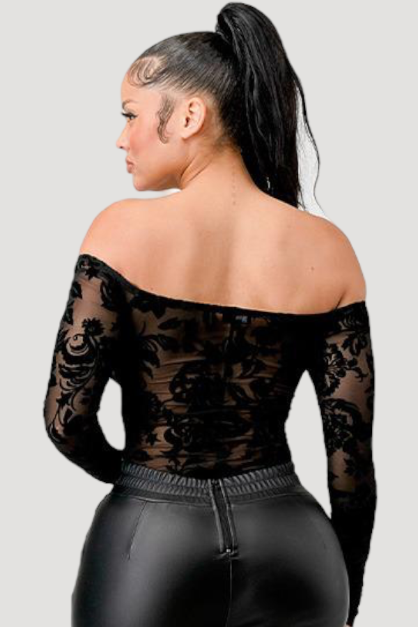 Victoria Velvet Print Bustier Long Sleeve Bodysuit - Black - Back View
