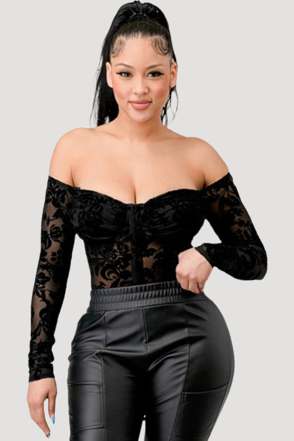 Victoria Velvet Print Bustier Long Sleeve Bodysuit - Black