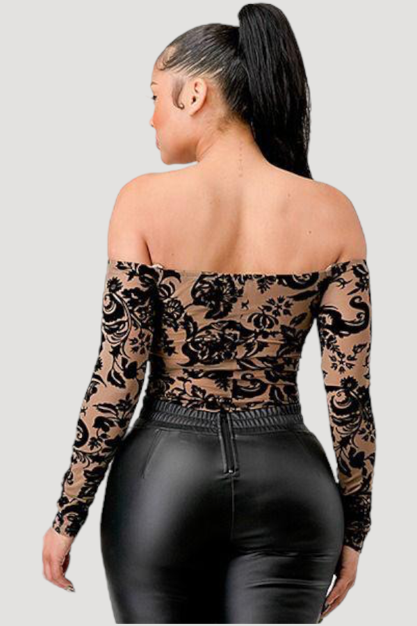 Victoria Velvet Print Bustier Long Sleeve Bodysuit - Brown - Back View