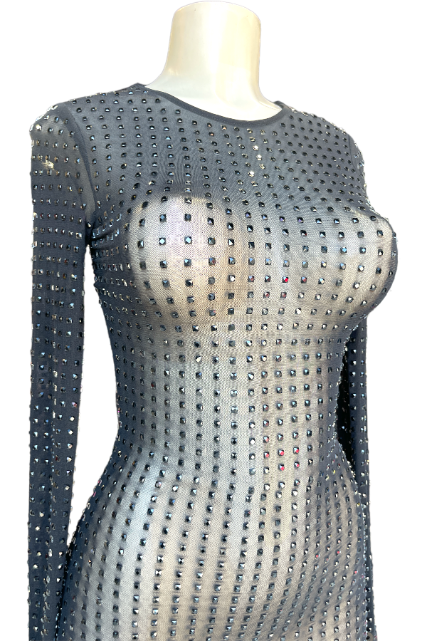 Close up of Monochrome Studded Long Sleeve Mesh Dress in Black Color