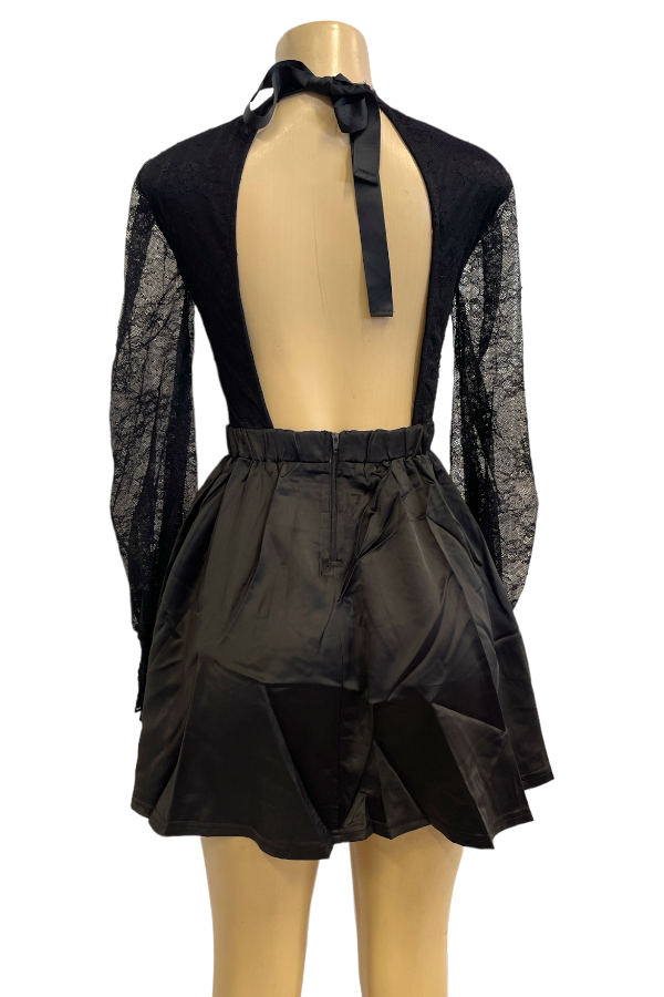 Lace & Satin Seduction Dress - Black - Back View