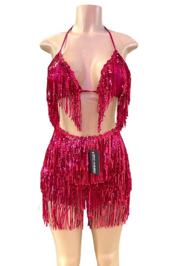Bikini Top And Mini Skirt Sequin Fringe Set in Hot Pink Color