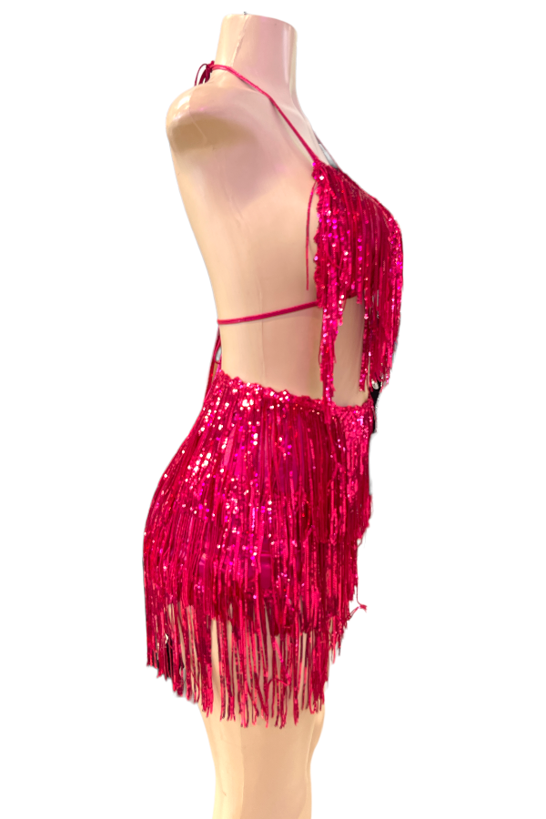 Side of Bikini Top And Mini Skirt Sequin Fringe Set in Hot Pink Color