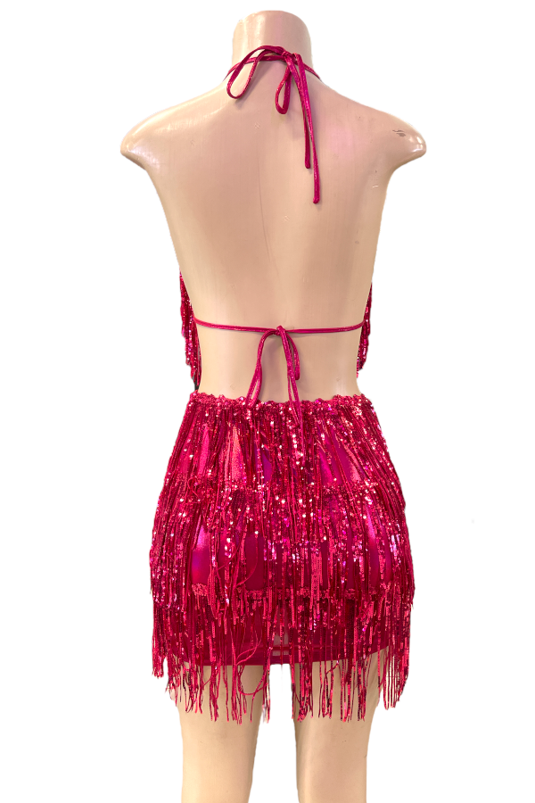 Back of Bikini Top And Mini Skirt Sequin Fringe Set in Hot Pink Color