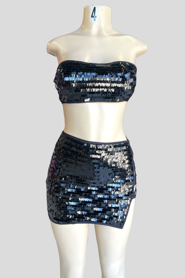 Sequined Two Piece Skirt Set in Black Color