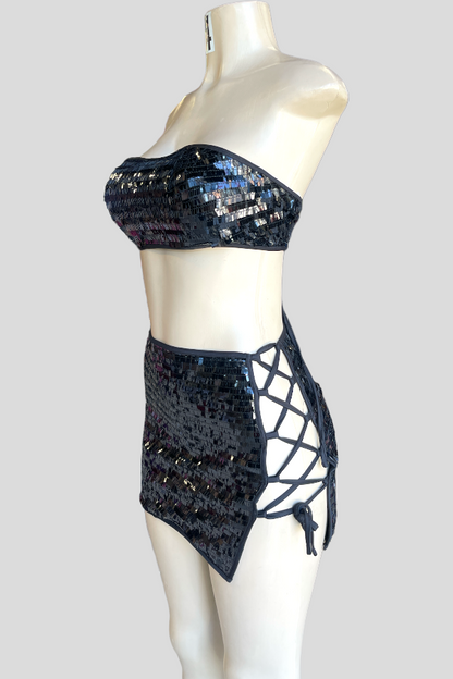 Sequined Two Piece Skirt Set in Black Color