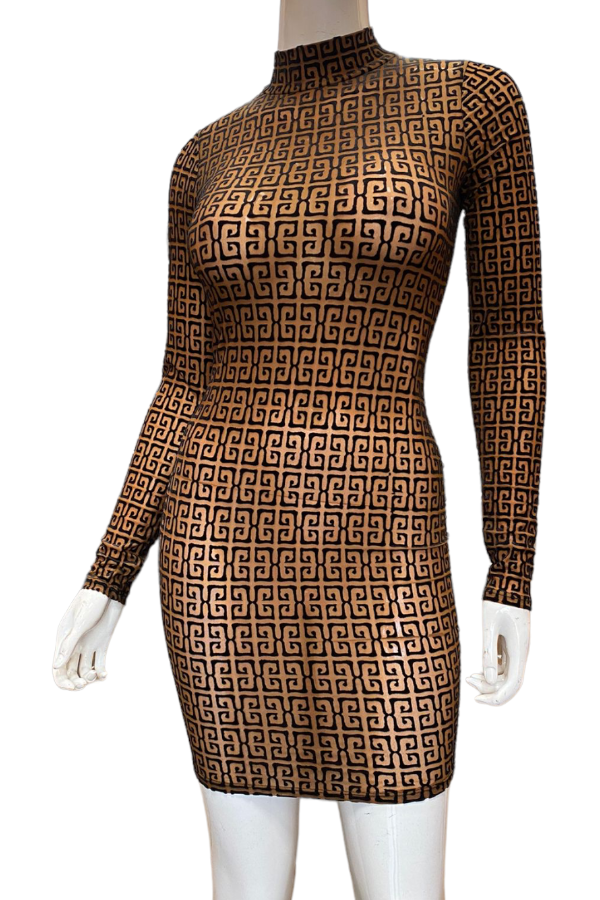 Velvet Greek Print Mock Neck Long Sleeve Dress - Brown 