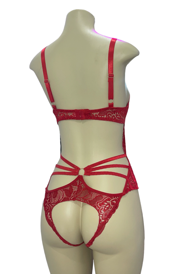 Caged Lace Halter Bust Underwire Bodysuit - Red - Back View