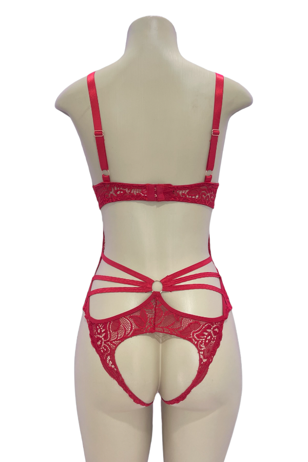 Caged Lace Halter Bust Underwire Bodysuit - Red - Back View