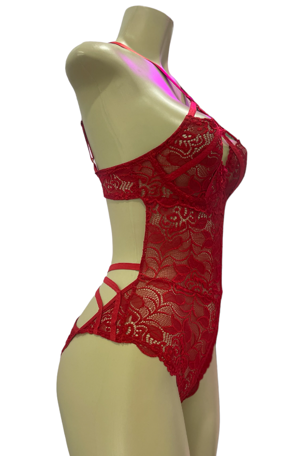 Caged Lace Halter Bust Underwire Bodysuit - Red