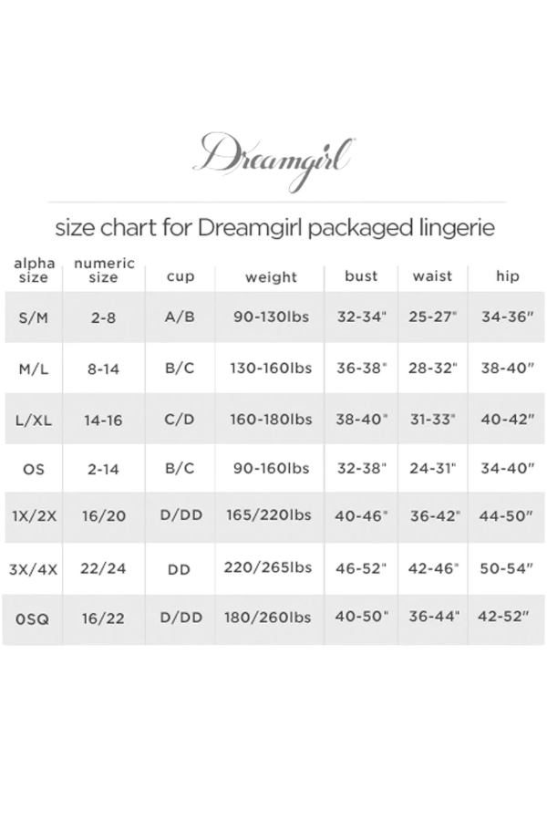 Dreamgirl size chart for Dreamgirl packaged lingerie