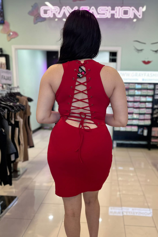 Lace Up Racerback Dress - Red - Back View