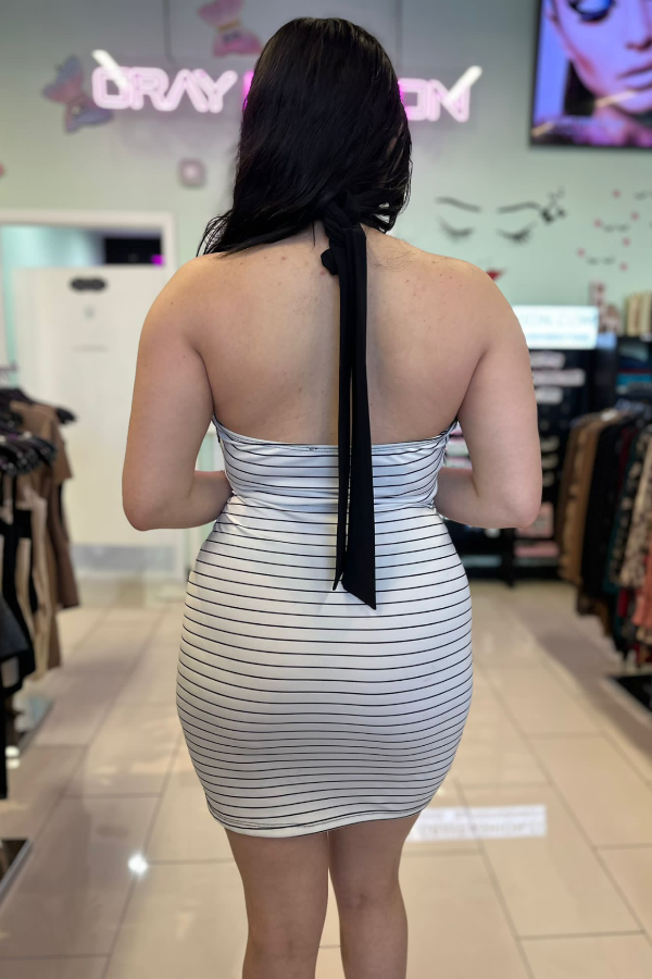  Twist Halter Striped Dress - Black/White - Back View