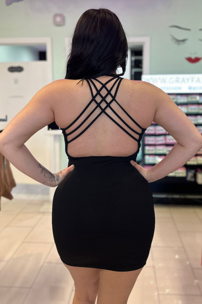 Halter Crossed Back Dress - Black - Back View
