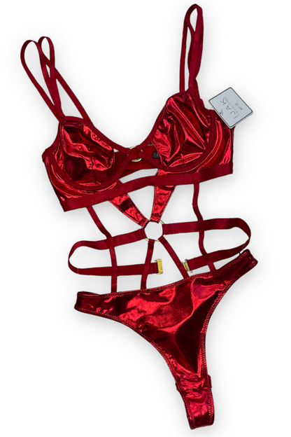 Red Metallic Caged Thong Bodysuit - Red