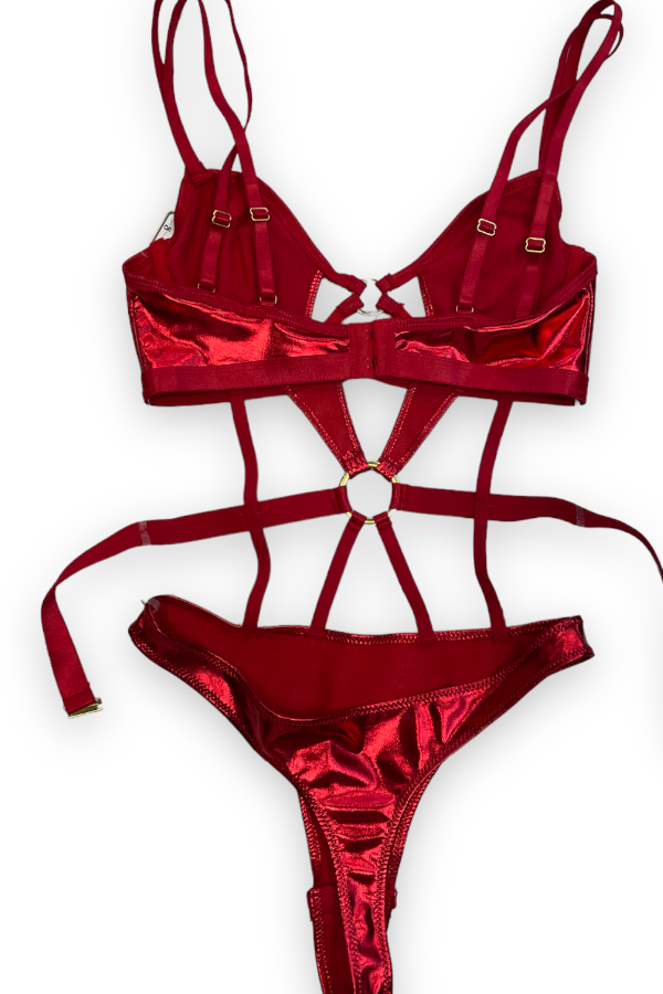 Red Metallic Caged Thong Bodysuit - Red - Back View