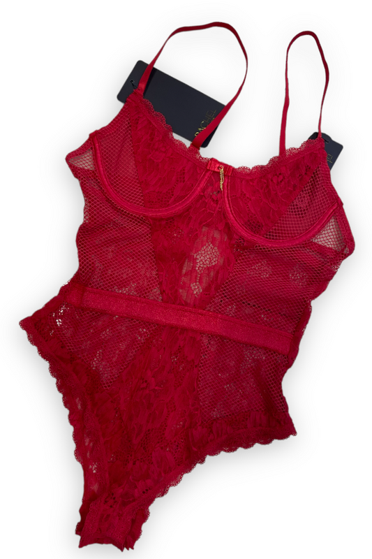 Fishnet & Lace Underwire Bodysuit - Red