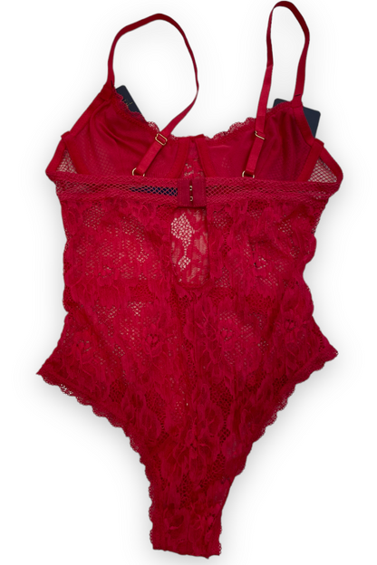 Fishnet & Lace Underwire Bodysuit - Red - Back View
