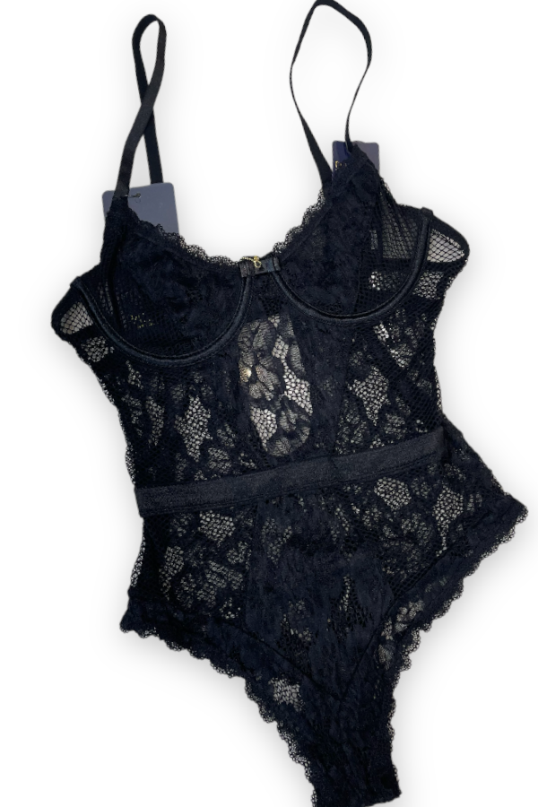 Fishnet & Lace Underwire Bodysuit - Black