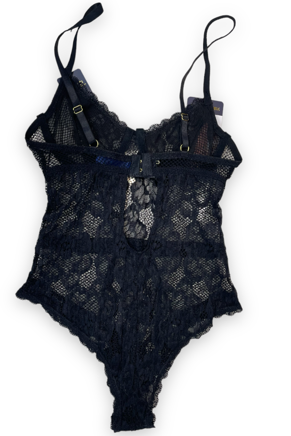 Fishnet & Lace Underwire Bodysuit - Black - Back View