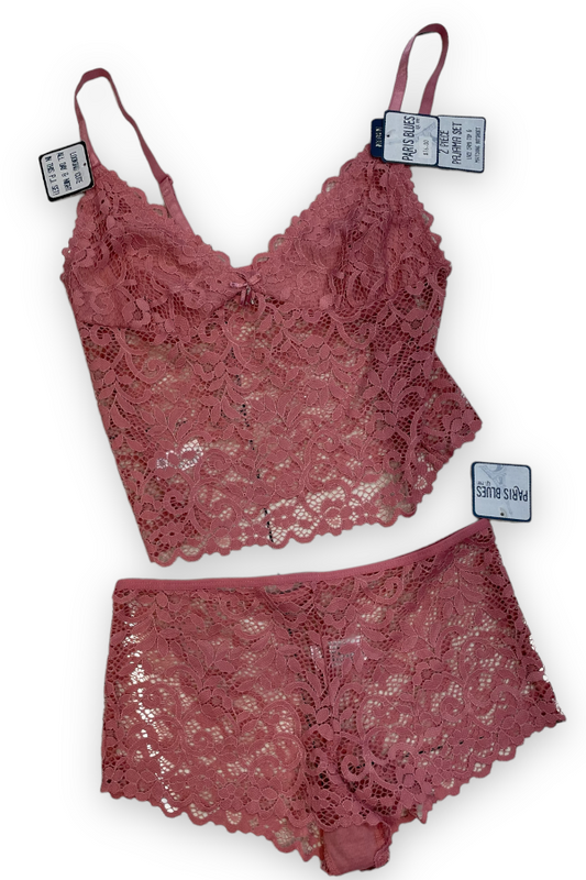 Lace Cami & Boyshort Pajama Set - Pink